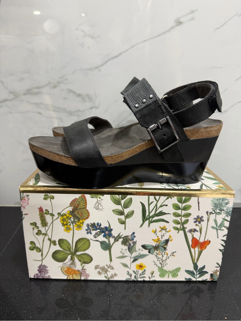 Naot Black Leather Platform Wedge Sandal with Ankle Buckle